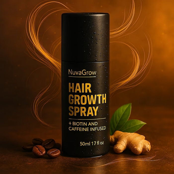 NuvaGrow spray bottle surrounded by coffee beans and ginger root, its plant-based actives