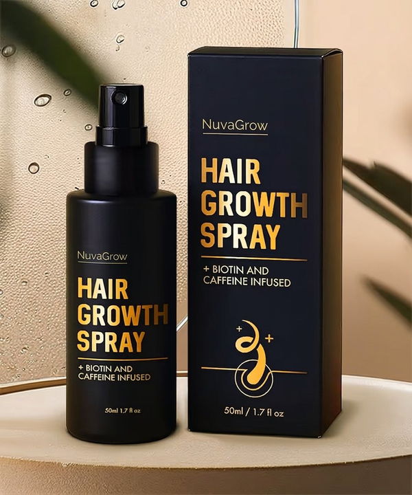 NuvaGrow 50 ml scalp spray bottle and its box on a bathroom counter