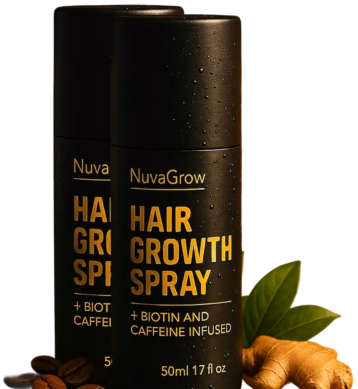 Close-up of two NuvaGrow scalp spray bottles